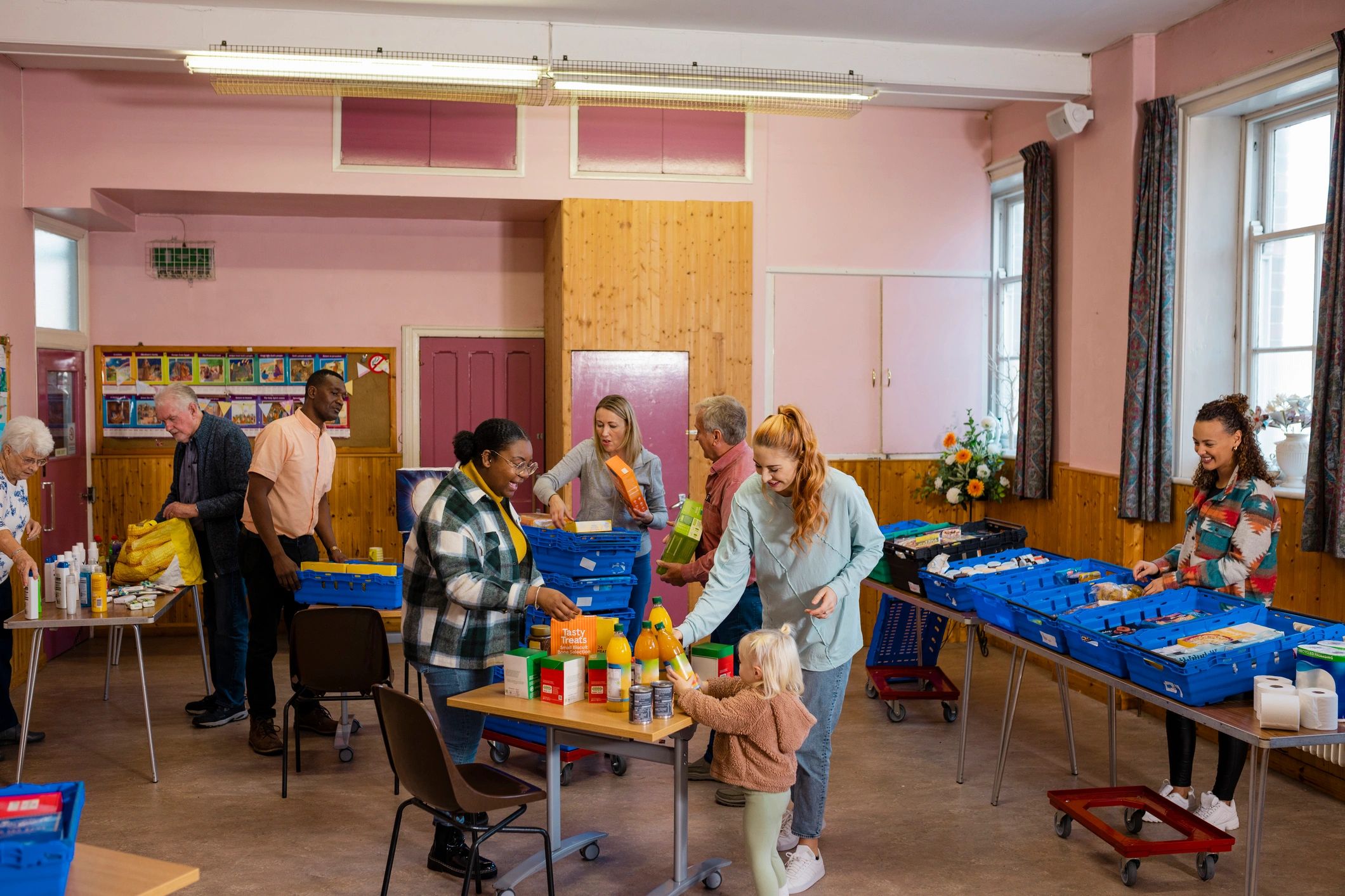 Community volunteers organizing donations together